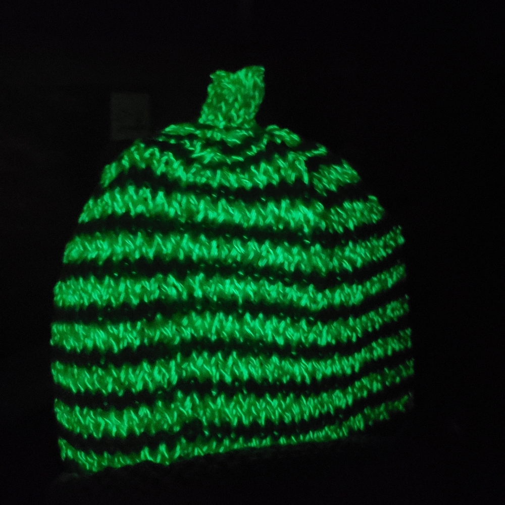Glow-in-Dark Striped Handknit Cotton Beanie- Neon And Light Blue